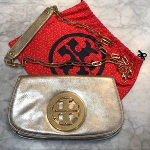 Tori Burch Metallic Gold Logo Clutch Crossbody Bag
